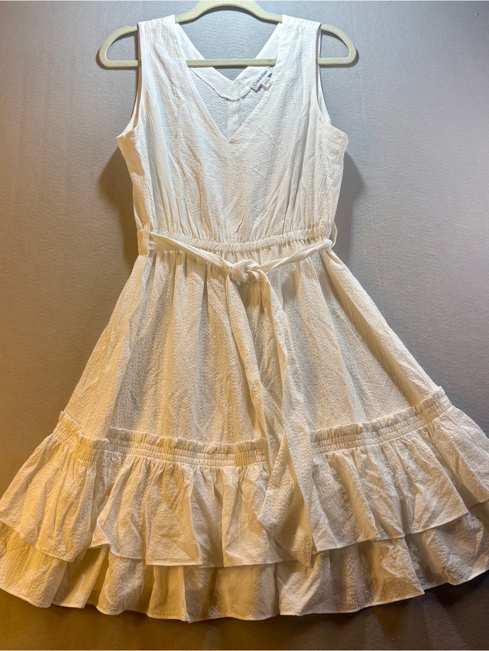 Calvin Klein White Ruffled Sleeveless Dress with Waist Tie - Picture 1 of 4